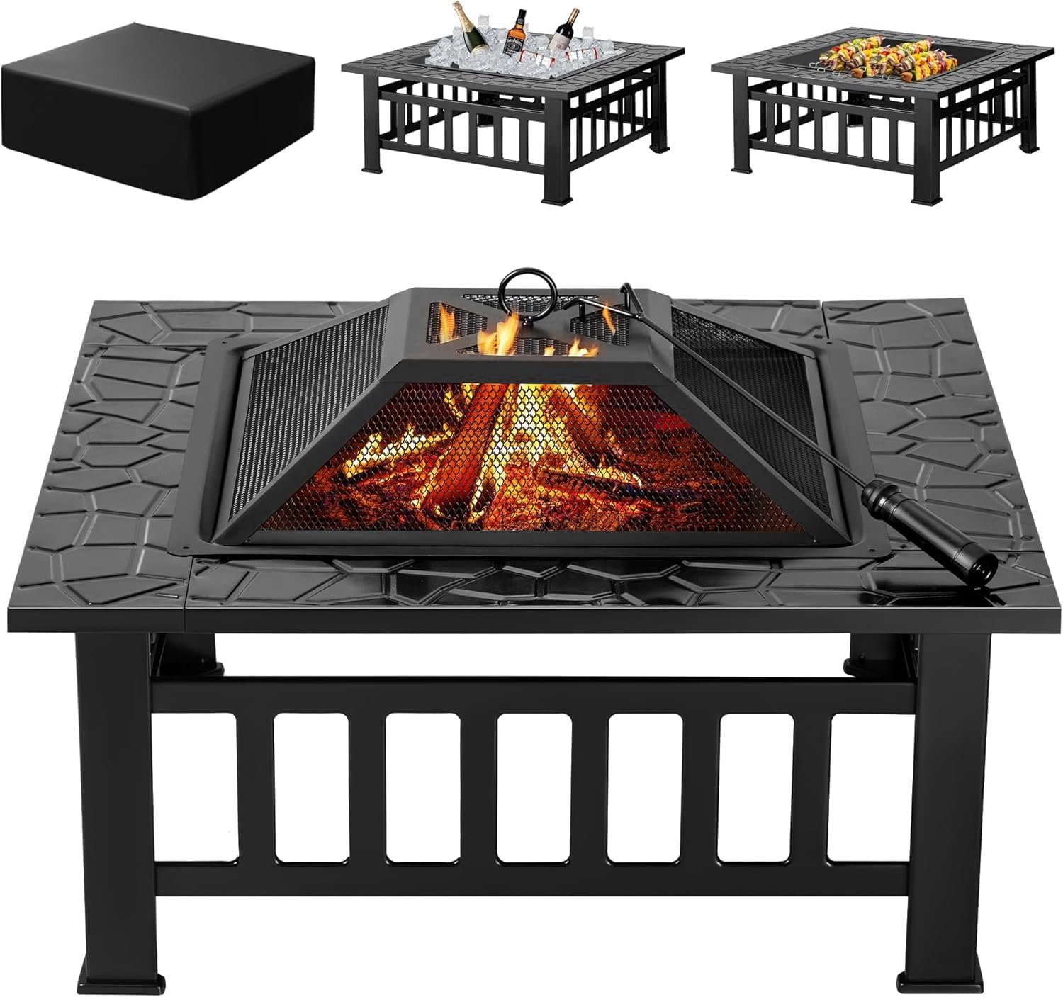 Devoko Outdoor Fire Pit, 32 Inch Firepit Table Metal Outdoor Fireplaces | with Waterproof Cover for Outside Patio Camping (Black)