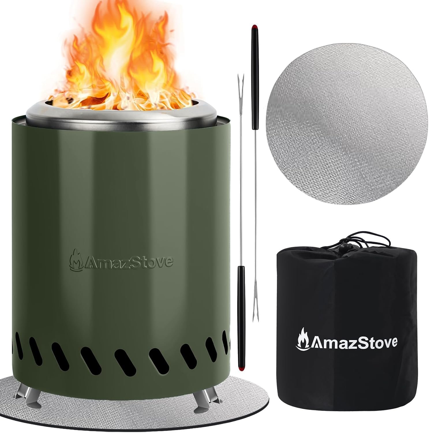 9.7 x 7.1 Inch Tabletop Fire Pit by AmazStove, Low Smoke Camping Stove for Outdoor Safe Burning Firepits, Fueled Pellets or Wood, Travel Bag Included (Green, 9.7 x 7.1 INCH)