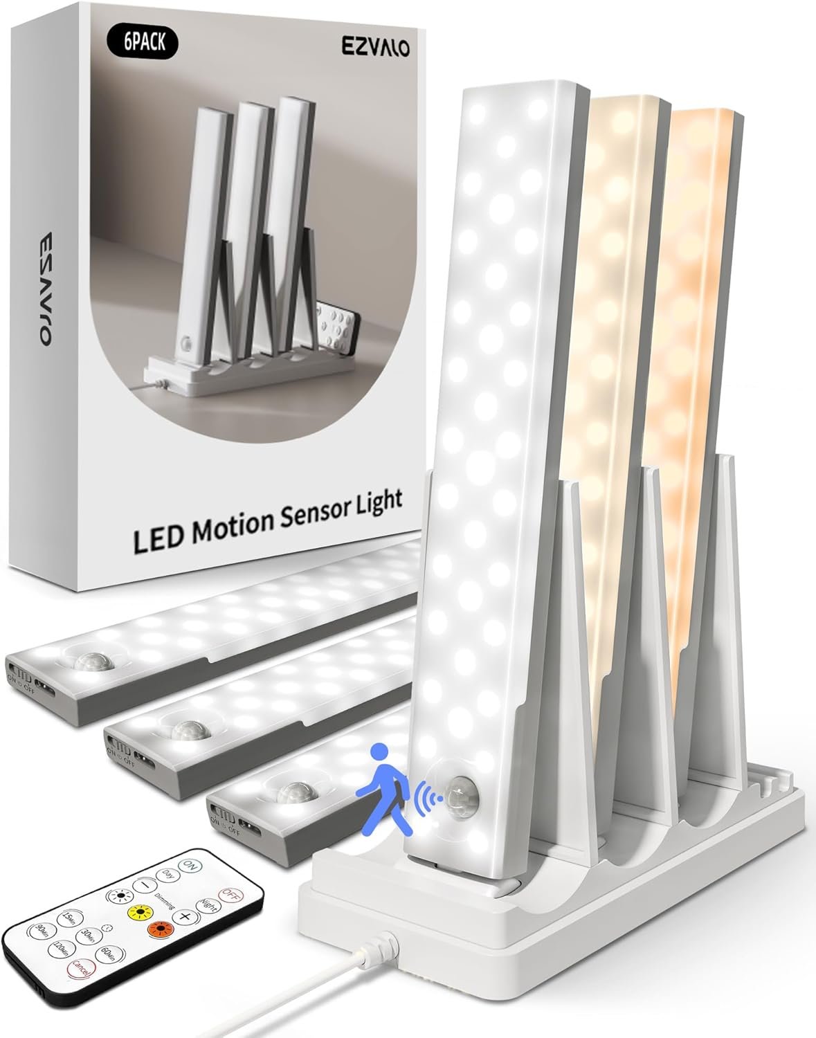EZVALO Under Cabinet Lighting with Charging Station, Motion Sensor Lights | 6-Pack with Remote, 2000mAh Rechargeable Battery, Wireless, Magnetic, Timer, 3 Color Temps, Kitchen, Closet and More