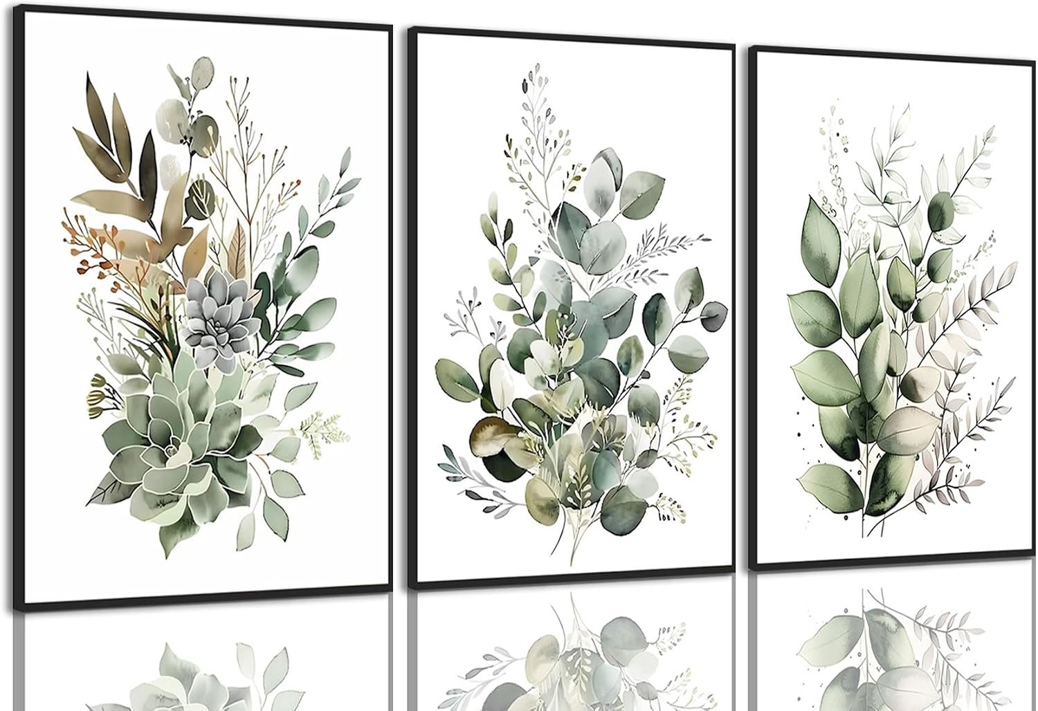 Sage Green Eucalyptus Framed Wall Art Set of 3, 16×24 inch | Watercolor Botanical Wall Decor, Sage Green Eucalyptus Leaf Prints, Bedroom Bathroom Living Room Art