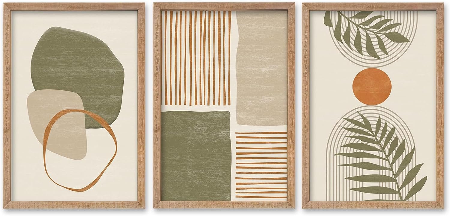 SRSZHIYUE Large Green Abstract Boho Plant Wall Art Set of 3 16″x11″ Wood | Neutral Bohemian, Wood Framed, for Living Room Bedroom Wall Decor Hanging