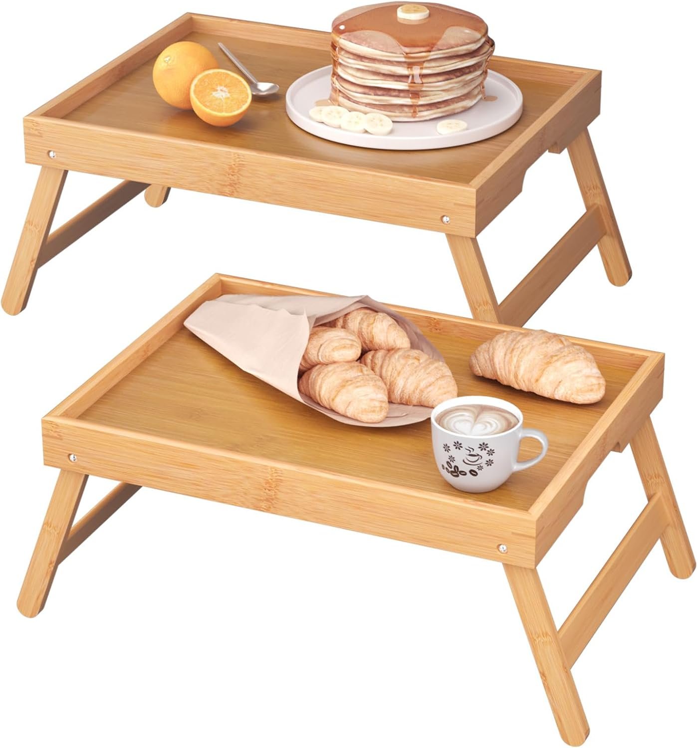 Fibogollo 2 Pack Bamboo Bed Tray Table with Folding Legs,Breakfast Trays,Serving Tray for Food and Snack,Laptop Trays for Working(Natural)