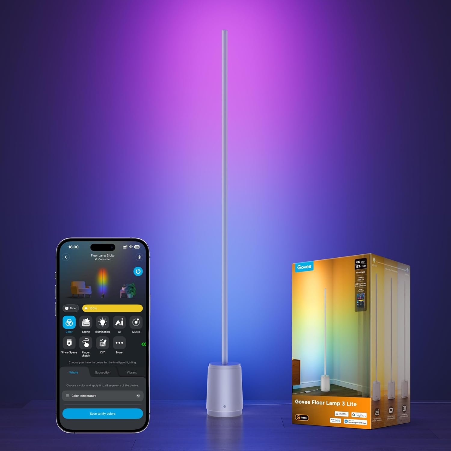 Govee Floor Lamp 3 Lite, Smart RGBIC LED Corner Lamp for Bedroom | 1400lm Dimmable Smart Tall Standing Light, Works with Alexa, SmartThings and Matter, Color Changing with Music Sync, Silver