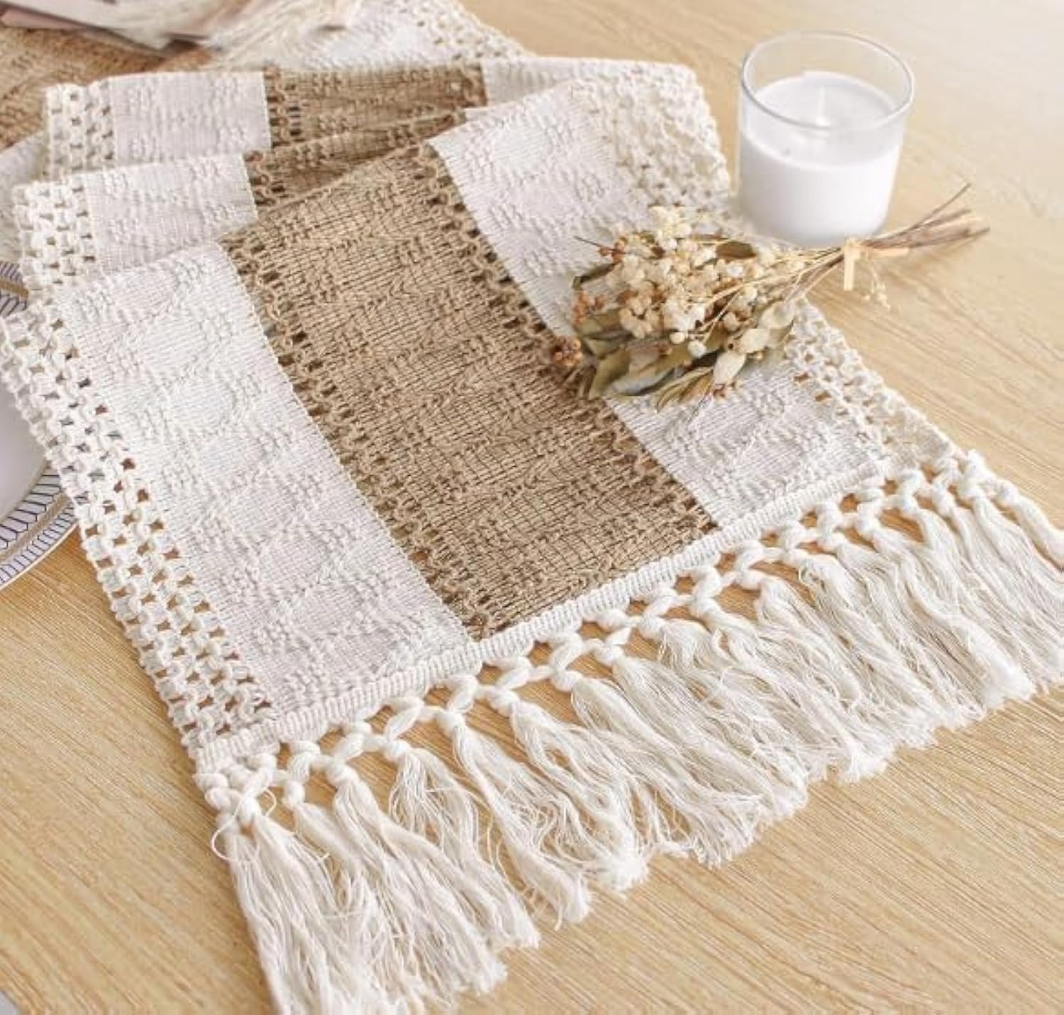 Boho Table Runner for Fall Home Decor 12×90 Rustic with Tassels | 90 Inches Long Farmhouse Kitchen Dining Room Macrame Burlap Coffee Table Decoration Dresser Runner Pottery Barn Furniture