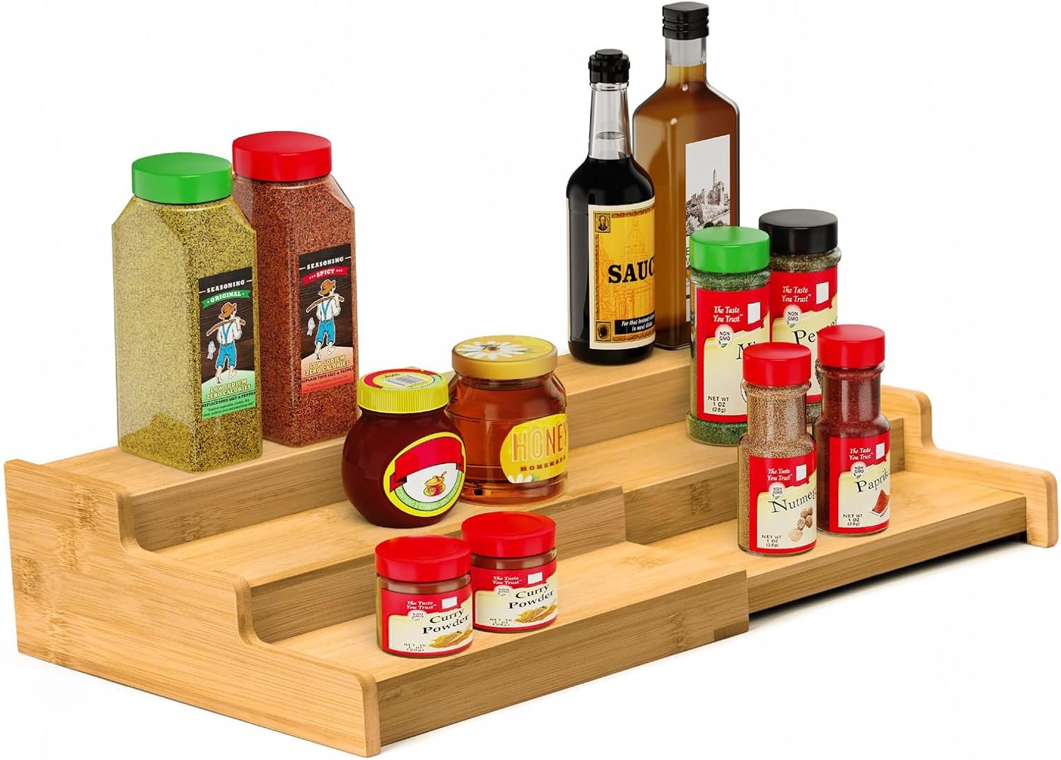 Spice Rack 3-Tier Natural Bamboo, Adjustable Cabinet Organizer Shelf | Expands 8.7-15.6″cabinets. Stepped design, labels visible.Storage organizer saves space, easy wipe. For spices, jars,cans.