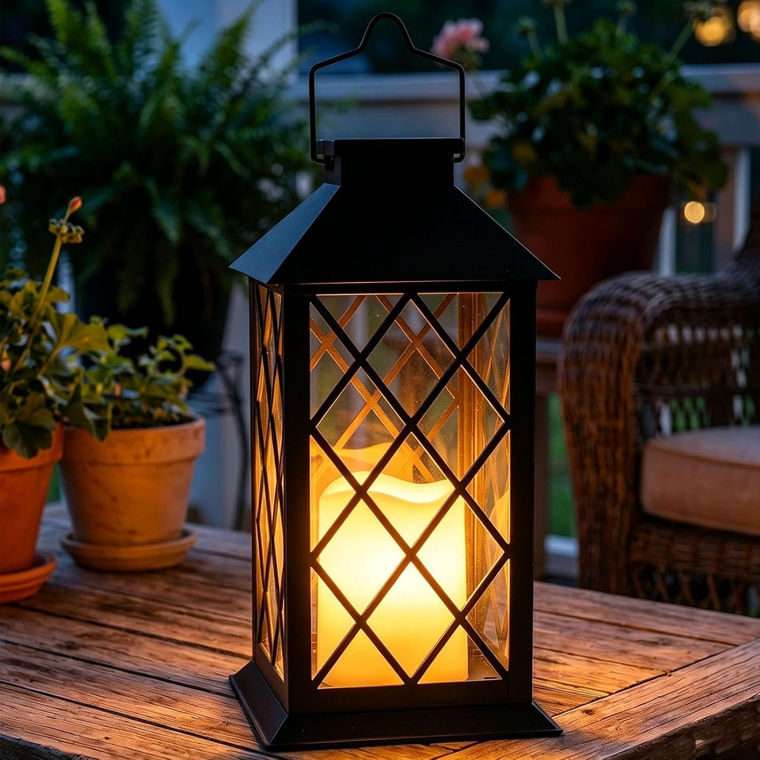 14″ Large Tempered Glass Solar Lanterns Outdoor Waterproof | Black retro solar lantern with flickering flameless candles, ideal decoration for wall, porch, patio, table and garden.