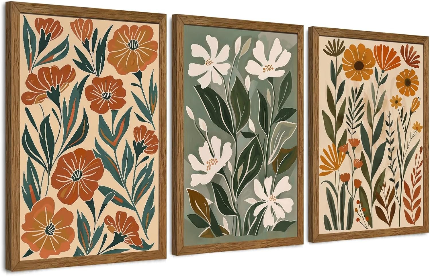 Boho Floral 3 Piece Wall Art Green Beige Flower Canvas Picture Wood Framed | Abstract Painting Minimalist Colorful Botanica Artwork Prints For For Living Room Bedroom Office 12×16 Inch
