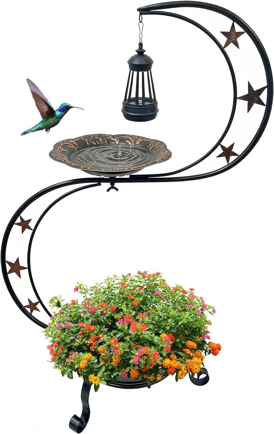 Solar Bird Bath with Flower Planter, S-Shaped Standing Garden Decor | Solar Glow, Hummingbird Embossed Bowl, 2-Tier Planter, Weather Resistant Metal, Garden Patio Accent