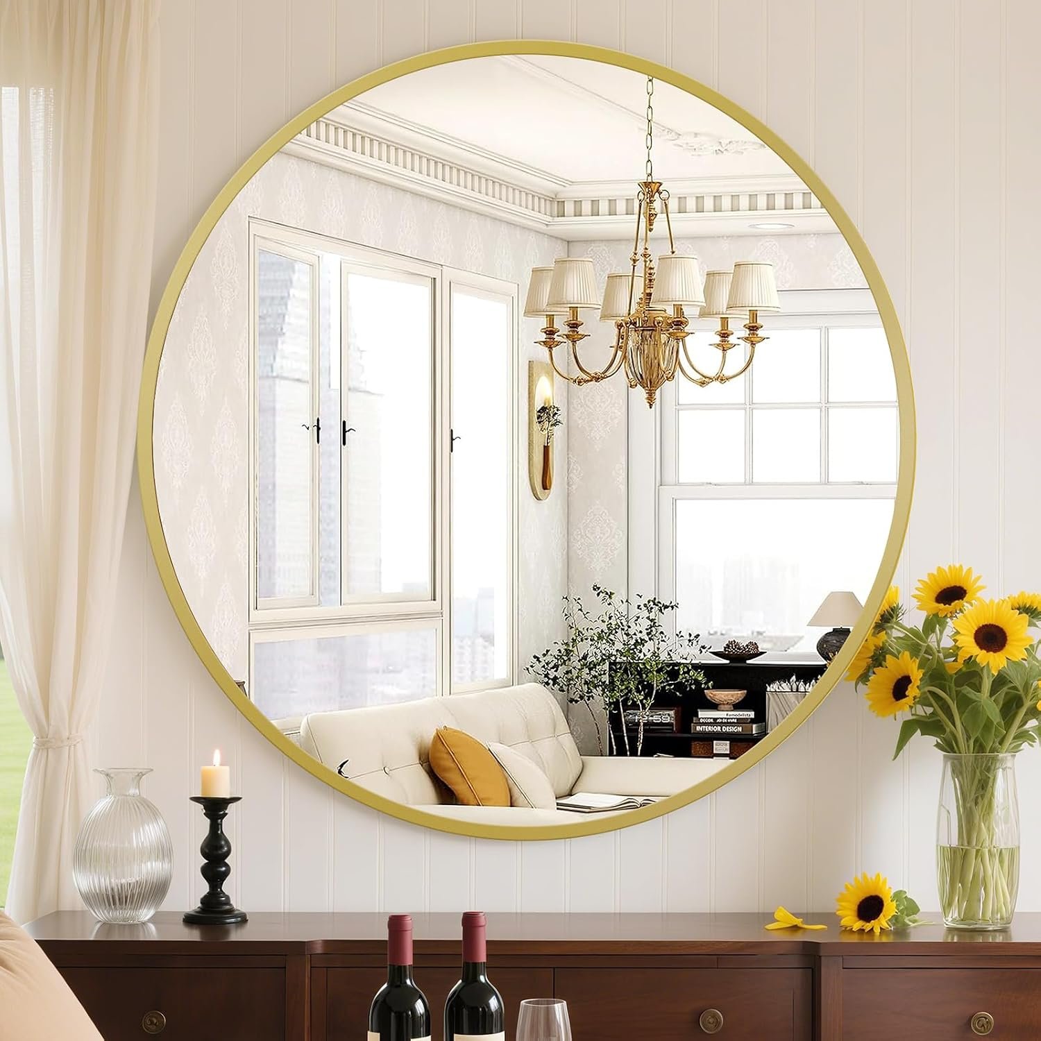 Sweetcrispy 24 Inch Round Wall Mirror, Bathroom Mirror for Over Sink | Tempered Glass, Anti-Fog & Waterproof Round Mirrors for Bathroom, Entryway, Bedroom, Shatterproof Design, Gold