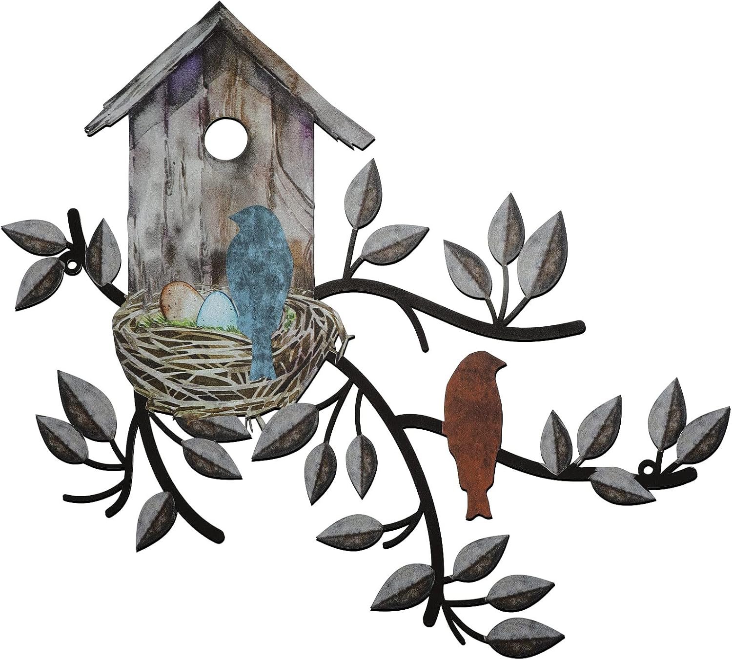 Peryiter Birds Wall Metal Decor Outdoor Art Hanging Metal Tree with Birdhouse for Living Room Tree Leaf Wall Decor for Indoor Outdoor Garden(Brown)
