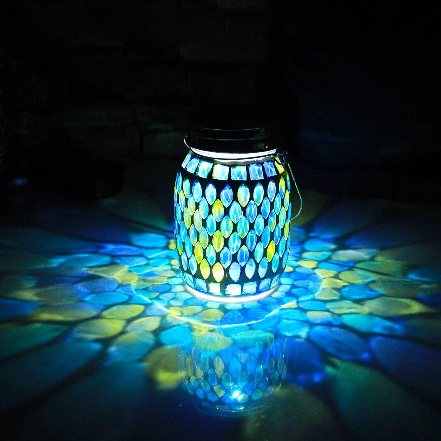 Solar Mosaic Glass Solar Hanging Lantern, Waterproof Outdoor Garden Light | Handcrafted blue mosaic solar hanging lantern projects beautiful colorful light. Ideal gift for mom, garden lovers.