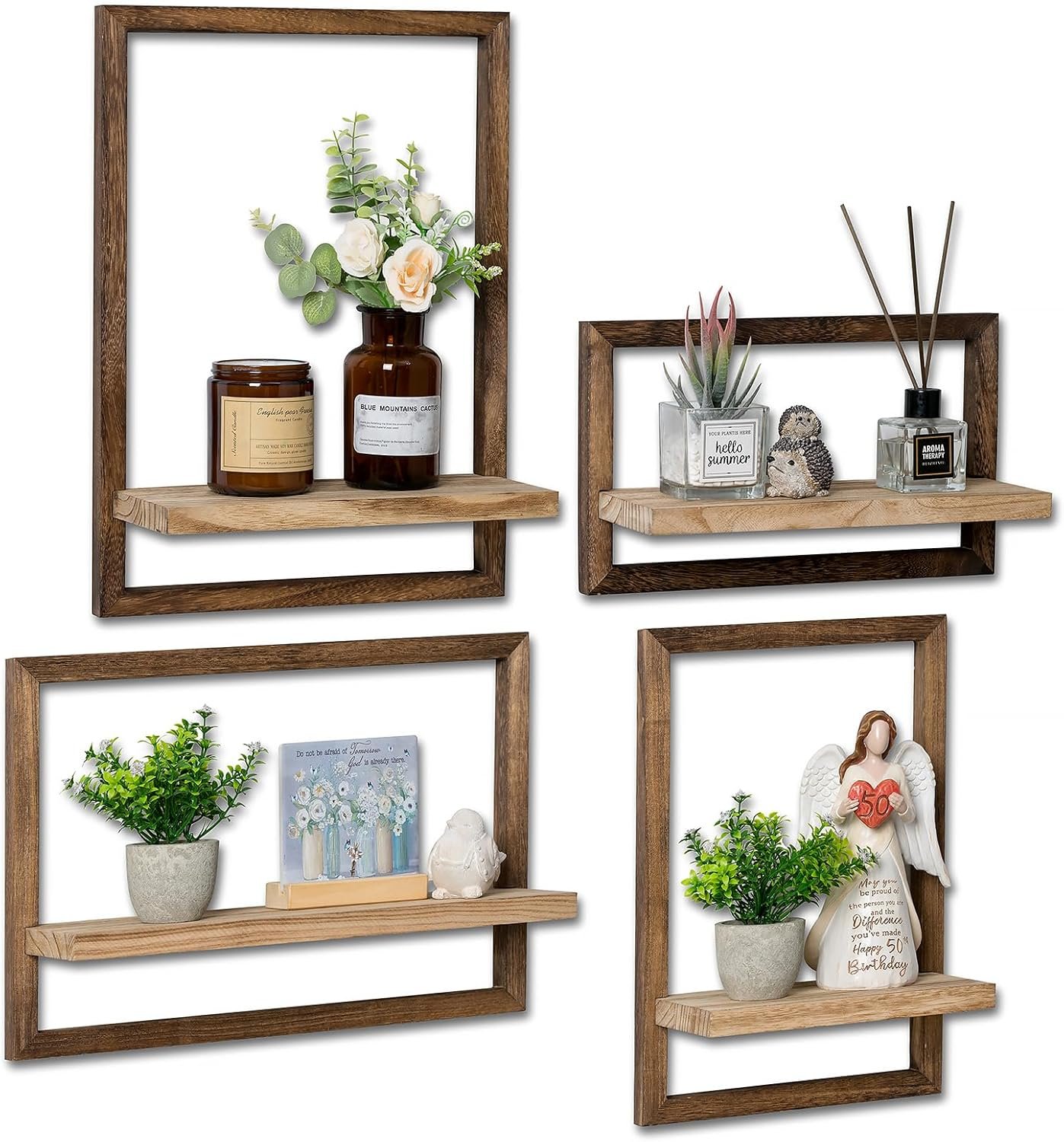 Rustic Wooden Floating Shelves: Farmhouse wall Decor, Set of 4 | Lightweigh Decorative wall shelf, for Bedroom, Living Room, Bathroom