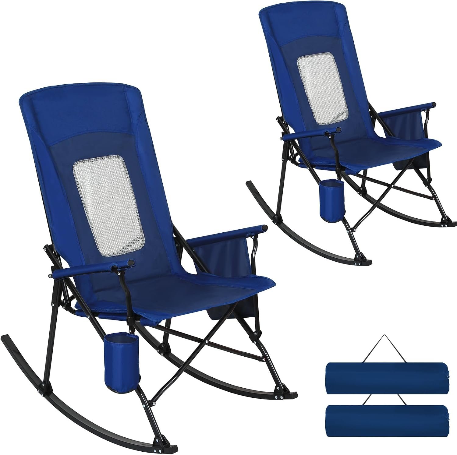 2PCS Folding Rocking Camping Chair with Breathable Mesh High Back, Heavy Duty XL Padded Rocker, Portable Outdoor Rocking Chair for Patio, Lawn, Garden, Beach Up tp 400 lbs, Blue