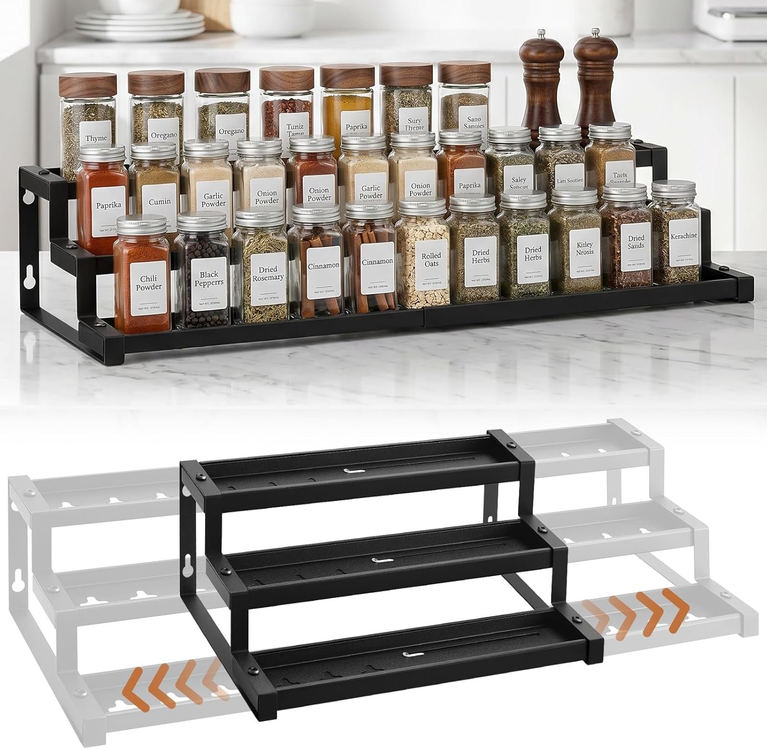Expandable Spice Rack Organizer for Cabinet, 3-Tier Adjustable Spice Shelf 16″-29″, Seasoning Organizer for Cabinet, Pantry & Countertop, Storage Rack for Jars, Bottles & Cans