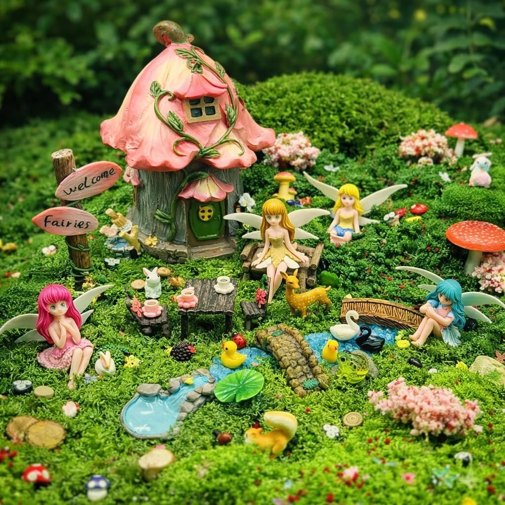 147Pcs Fairy Garden Kit Complete Miniature Figurines Accessories Set with Exclusive Mini Coffee Cups Butterflies DIY Resin Fairy House Mushrooms Animals Trees Decor for Indoor Outdoor Lawn Plant Pots