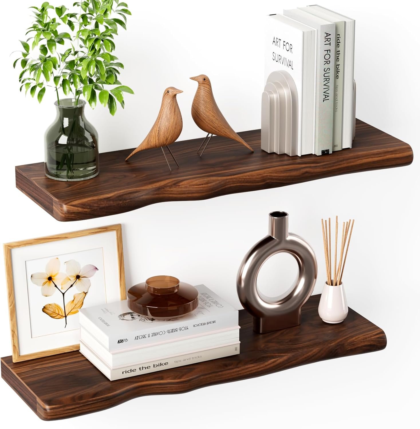 Solid Wood Live Edge Floating Shelves Set of 2 – 24″ Rustic Wall Shelf with Hidden Bracket System, Wall Mounted Shelves for Bathroom, Kitchen, Living Room, Bedroom (Walnut)