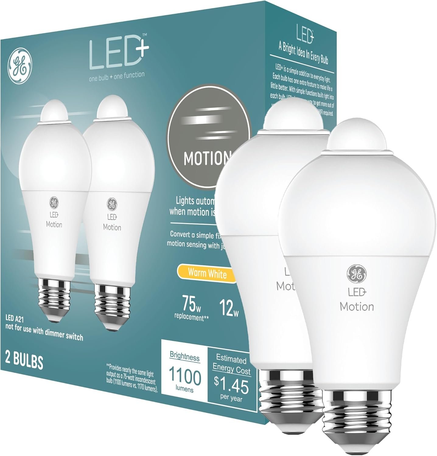 GE Lighting LED+ Motion Sensor Light Bulbs, A21, Warm White, 2 Pack | Built-in motion sensor, outdoor security lighting, 12W, porch and entryway use, warm white glow, 2 bulbs included