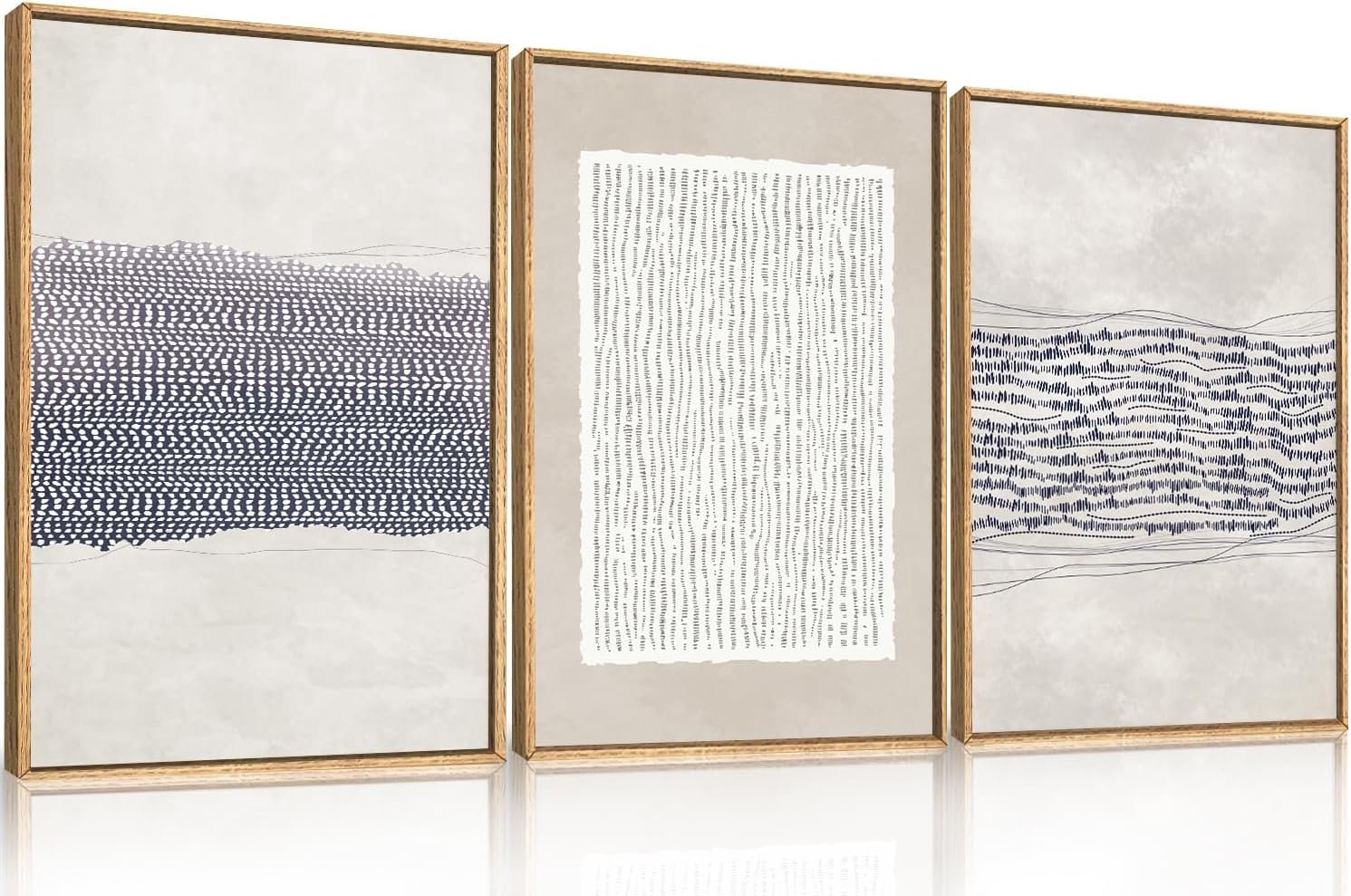 HOURIA Blue White Abstract Neutral Framed Canvas Wall Art Set- 24″x36″x3 | Minimalist Boho Waves Lines Wall Decor,Modern Geometric Shapes Print,Mid Century Grunge Artwork for Living Room,Bedroom