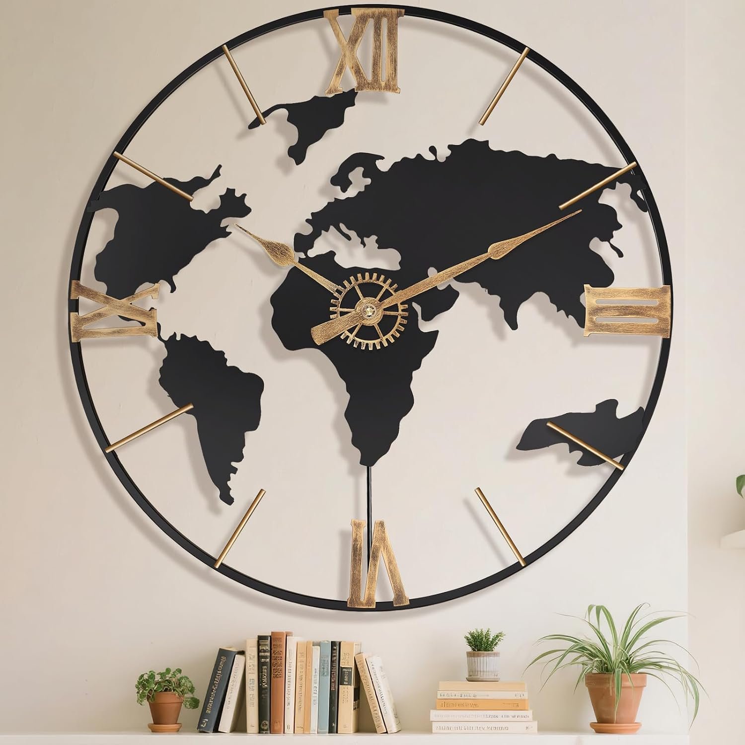 Pytha Sight 24 Inch Large World Map Vintage Gold Roman Numerals Wall Clock | 24 Inch Large Modern Decorative Oversized Minimalist Metal World Map Wall Clocks for Office,Dining Room,Living Room Decor