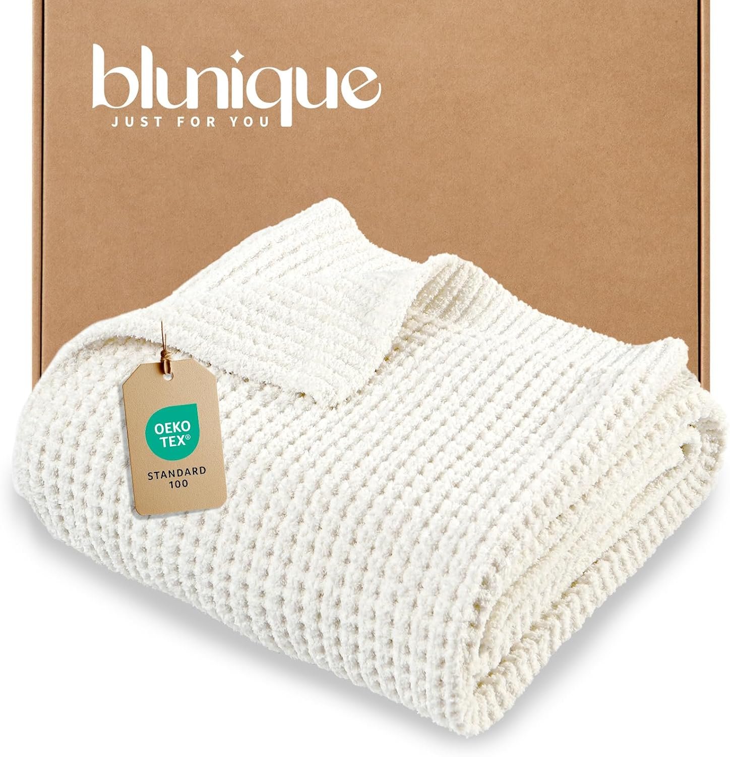 Waffle Knit Throw Blanket for Couch, Soft Cozy Chunky Knit Thick Knitted Blanket for Sofa, Bed, Gift for Women Girls Home Decor (Off White, Throw 50″x60″)