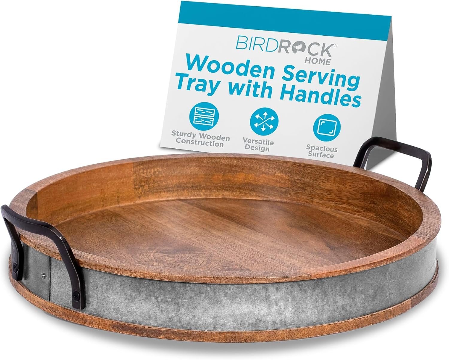 BIRDROCK HOME Large Round Wooden Serving Tray with Handles & Iron Accents – Round Barrel Tray for Living Room, Kitchen, Coffee Table Decor, Breakfast, Cheese Board & Bar – Tray Platter in Lap & Couch