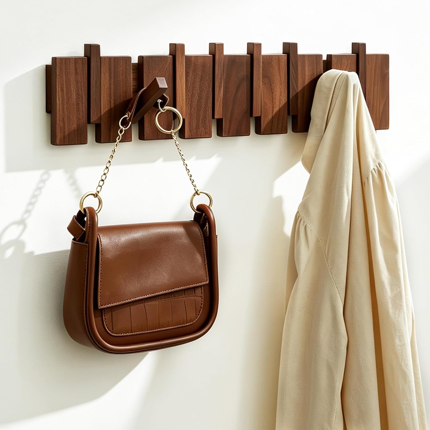 Wood Coat Rack Wall Mount, Coat Hooks Hanger Wall Mounted, Heavy Duty Wall Coat Rack with 8 Hooks for Hanging Coats/Keys/Hats/Robe&Towels/Plants/Bags, Walnut