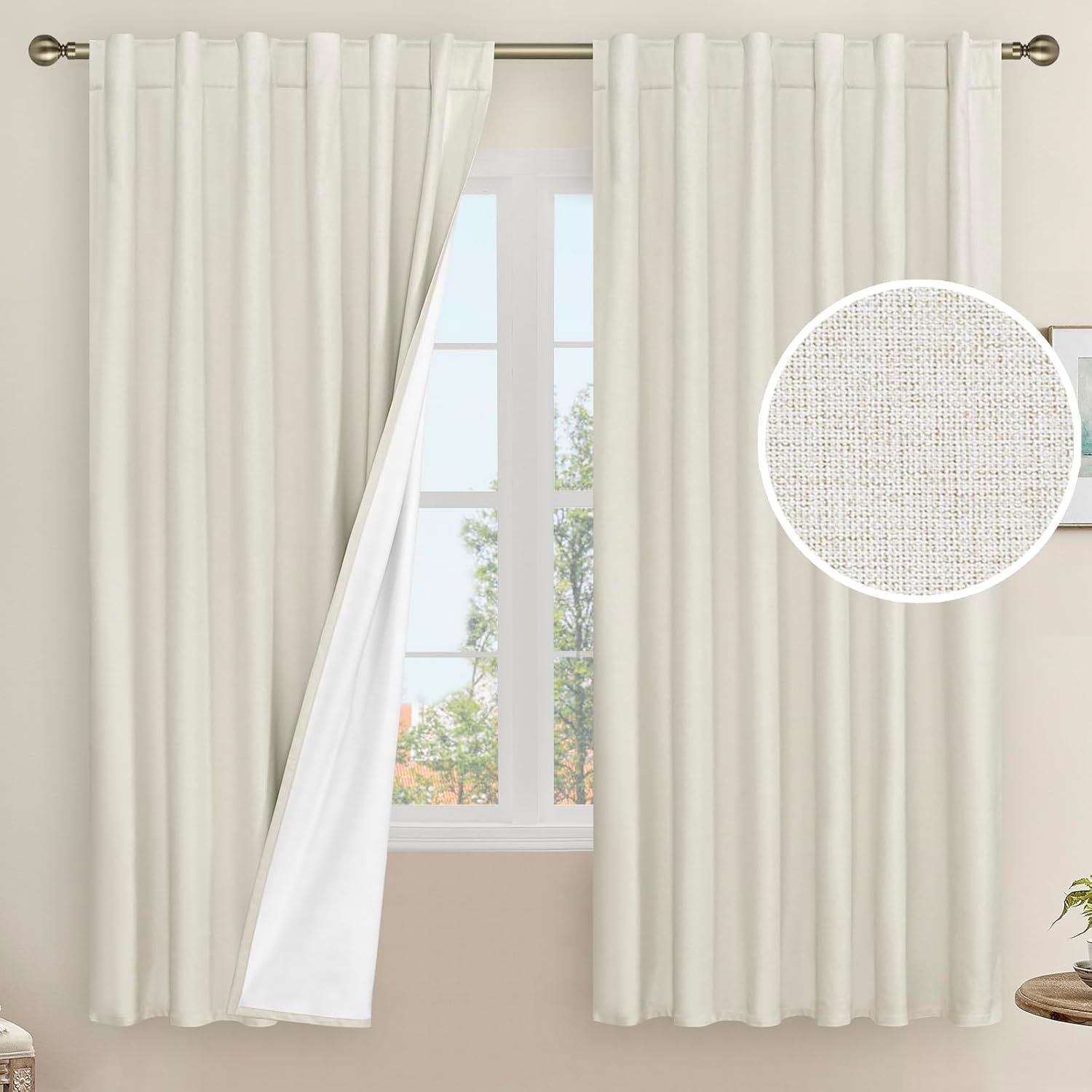 100% Blackout Natural Polyester Curtains, 63 Inches Linen Textured Thermal Bedroom Curtains Back Tab and Rod Pocket Neutral Panels with White Liner for Farmhouse, 2 Panels, 52 x 63 Inch, Ivory