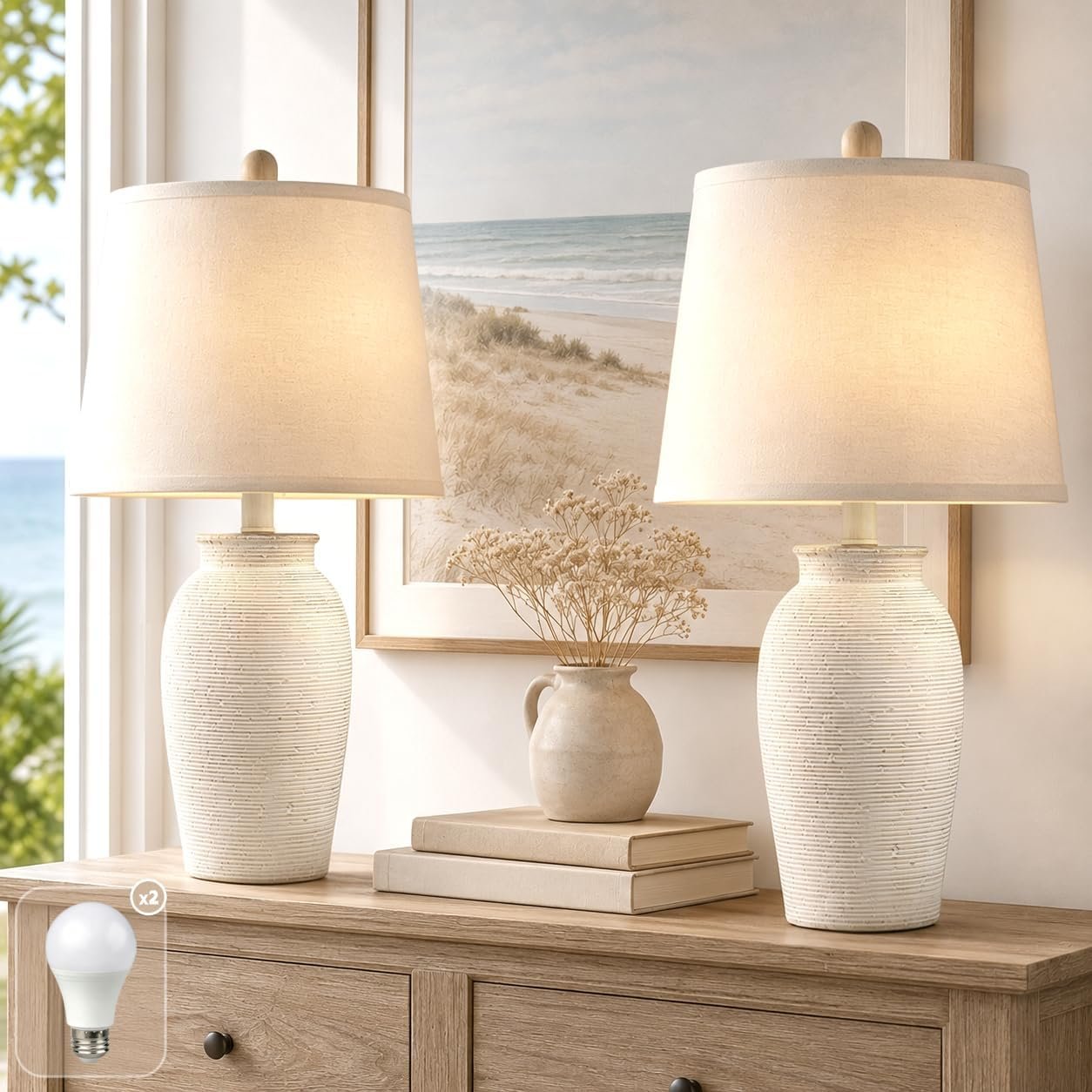 Ceramic Table Lamps Set of 2 for Living Room, 24.5” Coastal Lamps | Bulbs Included, Bedroom Lamps for Nightstand, Bedside Lamps, Coastal Farmhouse Rustic Modern Vintage lamp, Ceramic Begie Lamp
