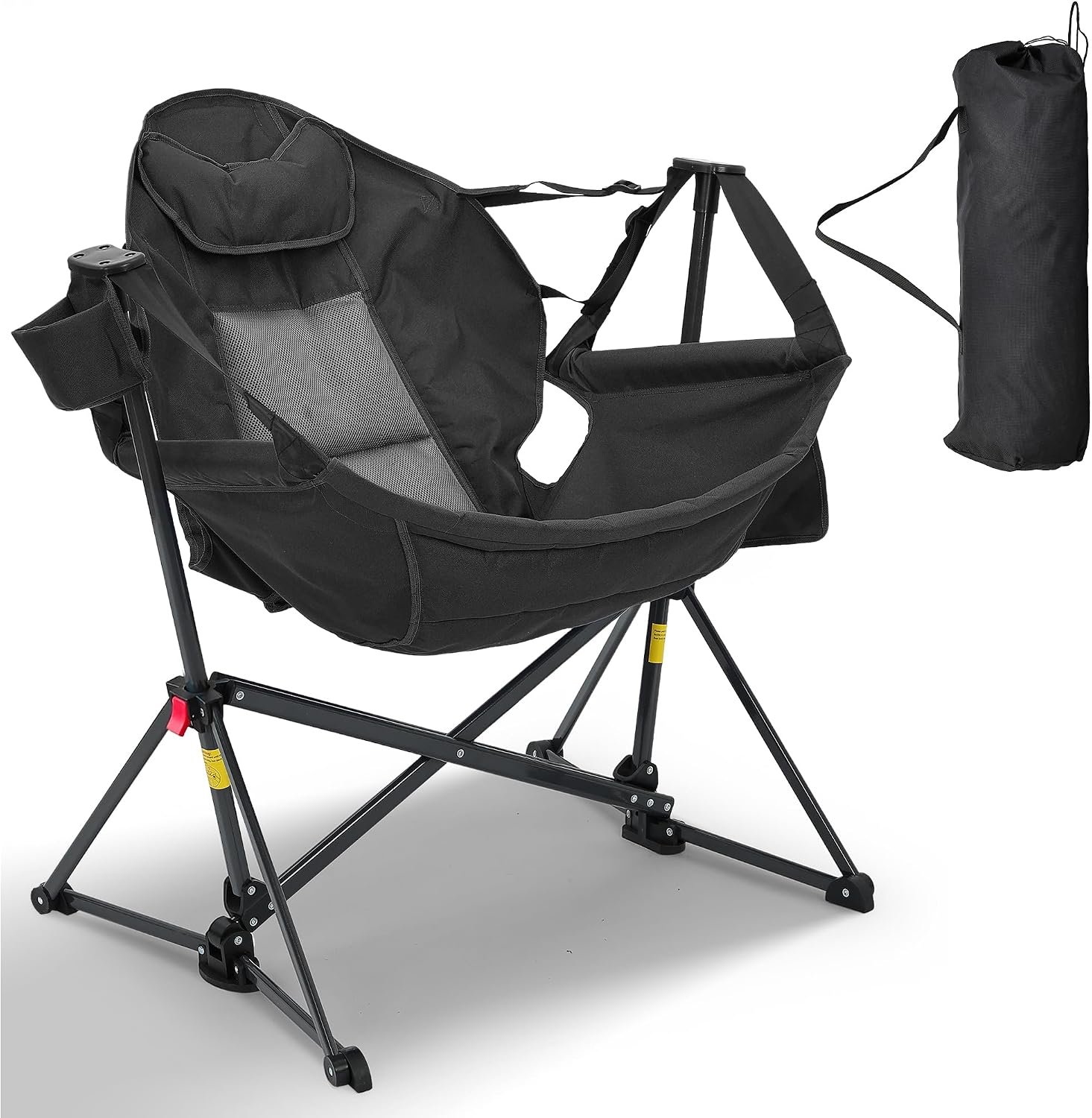 Hammock Camping Chair, Foldable Portable Rocking Chairs for Adults Outside Swinging Camp with Cup Holder Pillow for Outdoor Patio Poolside (Black)