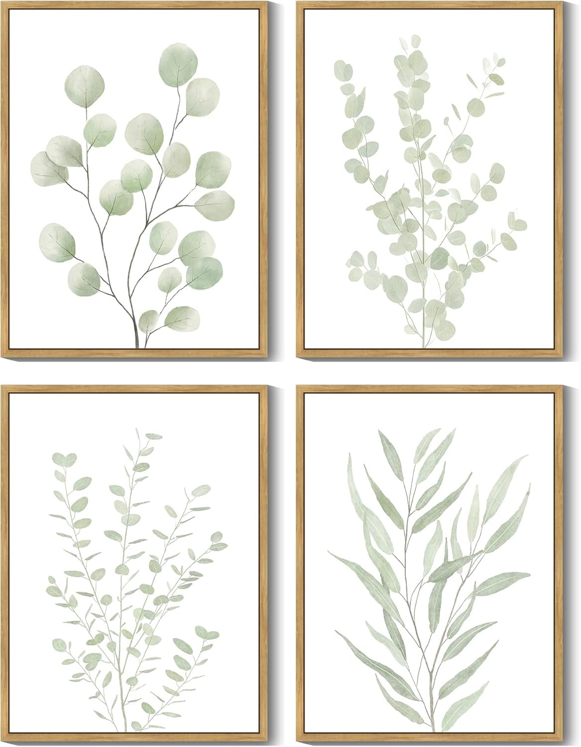 Drsoum Botanical Plant Framed Wall Art Boho Wall Decor for Bathroom Sage Green Eucalyptus Leaf Prints Minimalist Aesthetic Ready to Hang Set of 4, 11×14 in (Natural Framed)