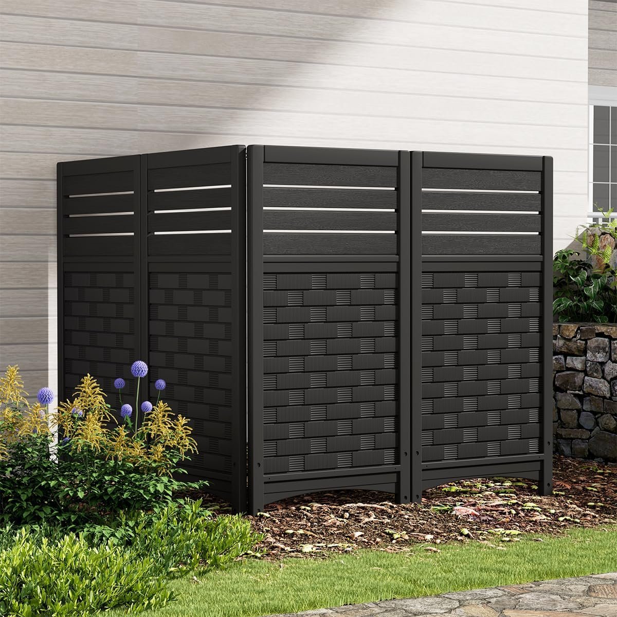 Air Conditioner Fence Privacy Screen,4 Panels Pool Equipment Trash Can Enclosure Screen for Outdoor,Resin Fence Panels Kit,45″ (H) x 22″ (W) Per Panel, Black