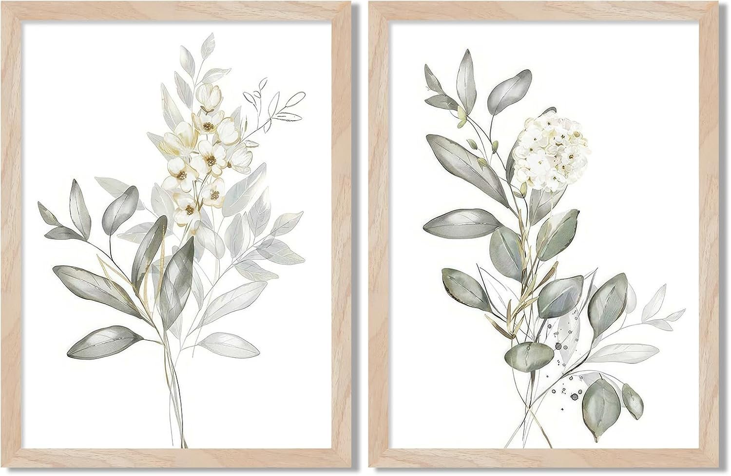 Framed Nature Botanical Wall Art Set of 2, White Floral with Green Eucalyptus Leaves Canvas Prints, Modern Minimalist Flower Painting Picture For Kitchen, Bedroom, Dining Room,Bathroom Decor, 16x20IN