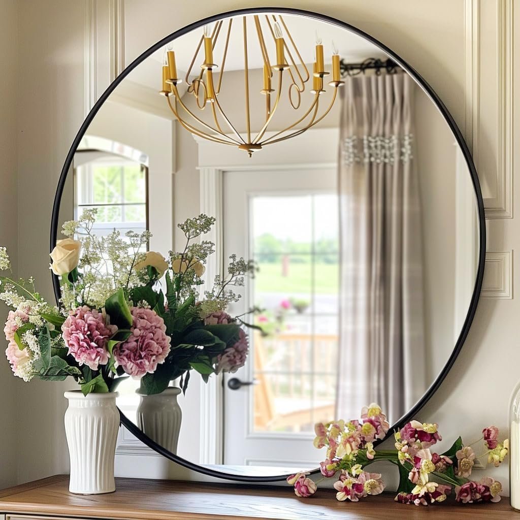 Round Mirror 30 inch, Circle Black Mirror, Matte Black Metal Frame | Large Circular Wall Mounted Mirrors for Bathroom, Bedroom, Entryway, Living Room, Hallway, Over Sink,Vanity,Wall Decor,Rustic