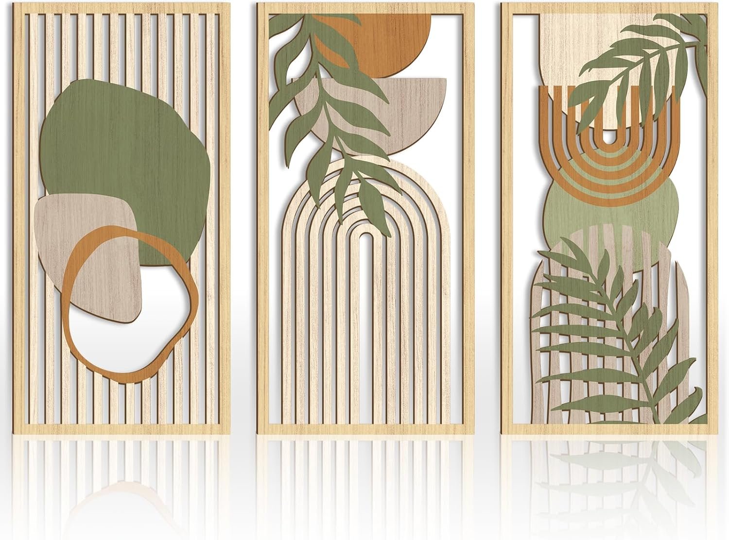 IARTTOP Boho Mid-Century Modern Wood Wall Art 16×32 Inch Large Green Abstract Wood Wall Decor Mid Century Bohemian Artwork for Bedroom Living Room Office Kitchen Set of 3
