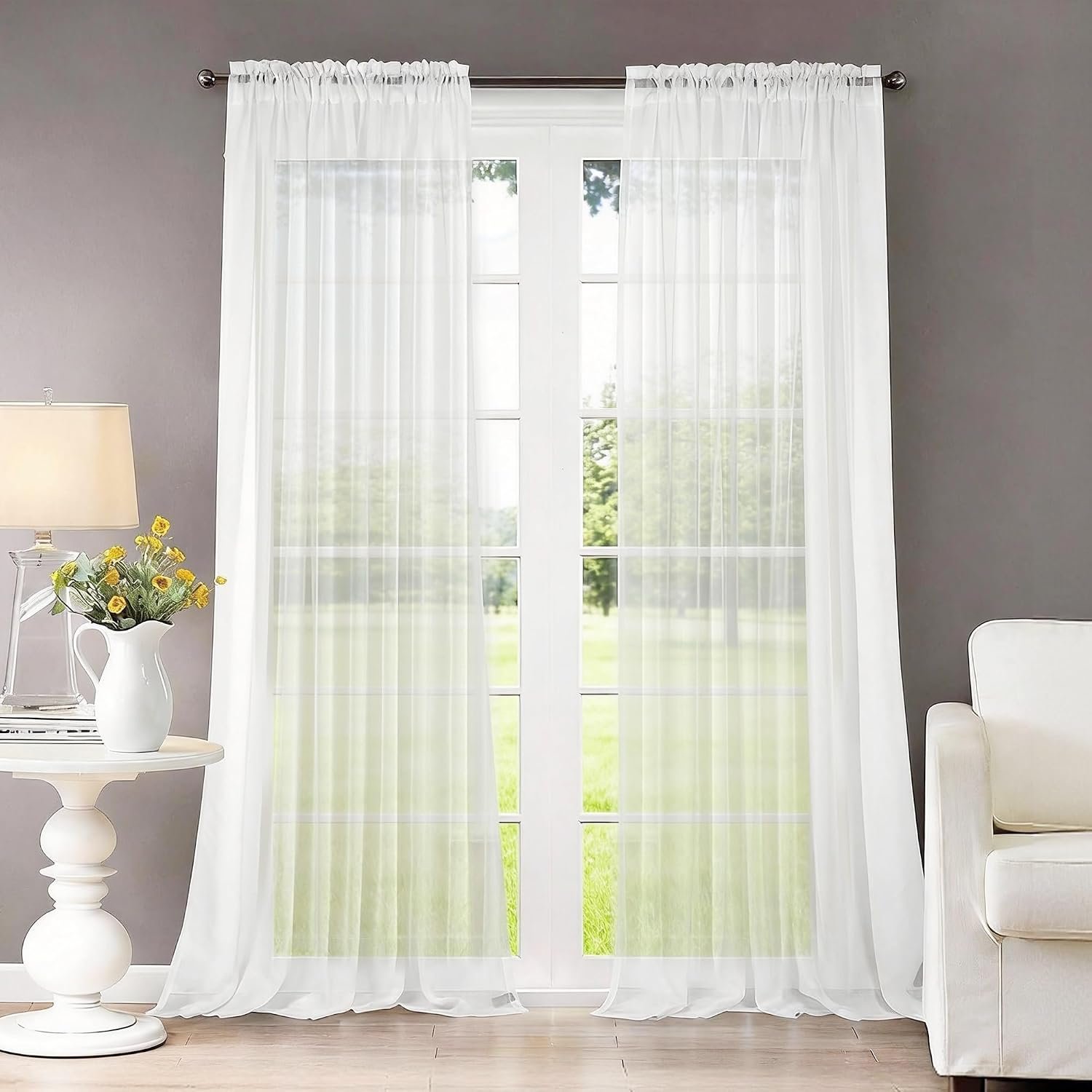 Dreaming Casa Rod Pocket Solid Sheer Curtains, White, 52″ W x 102″ L | 2 Panels See Through Curtain Sheers 102 Inches Long, Light Filtering Voile Window Treatment Draperies for Bedroom Living Room
