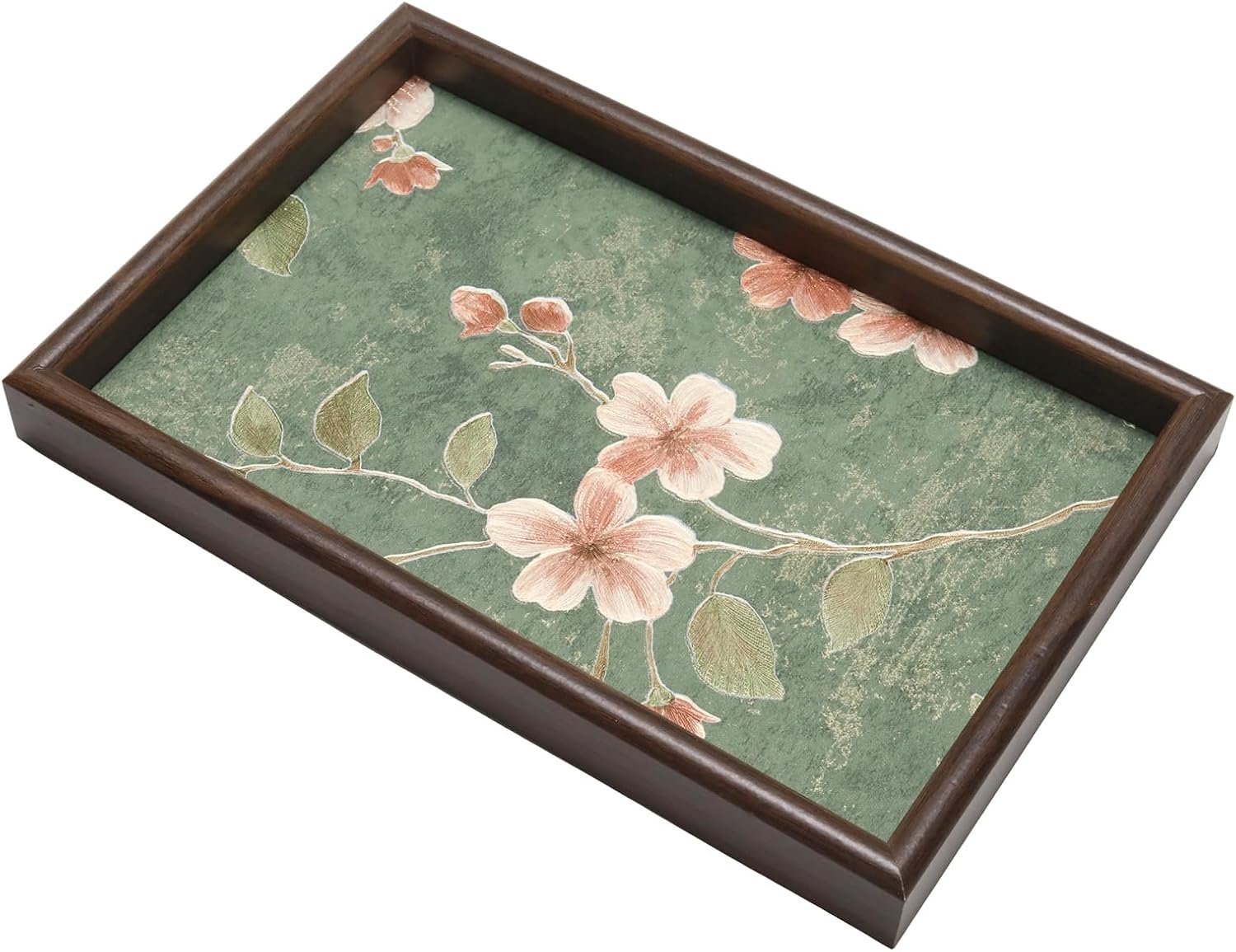Wooden Valet Tray with Floral Base, Green Vintage Blossoms | EDC Catch All Tray Nightstand Entryway Table Vanity Organizer 11.8×7.9″