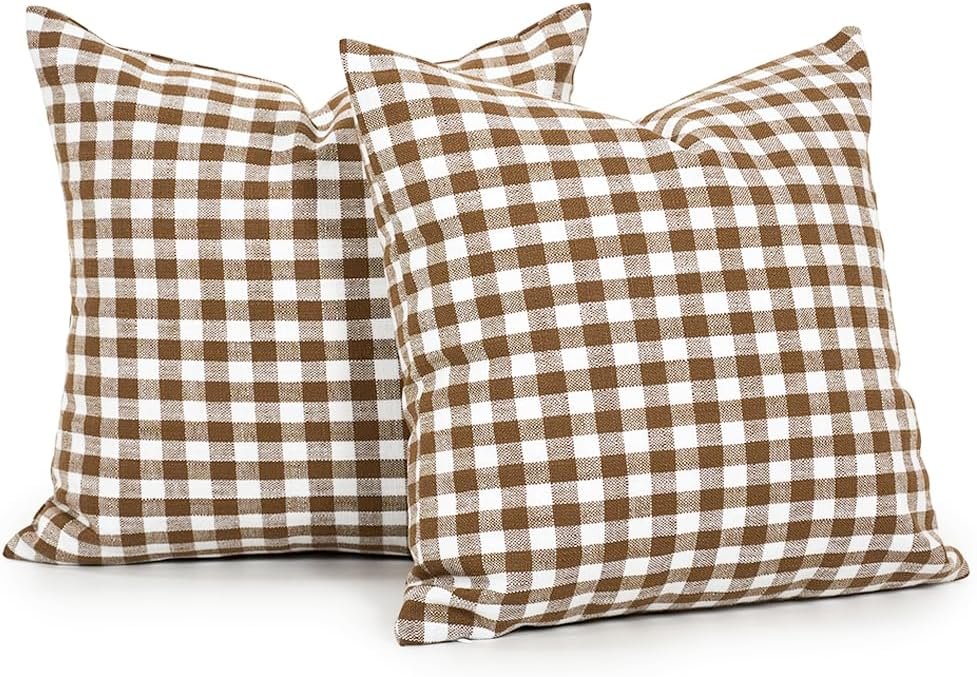 Farmhouse Brown Gingham Plaid Throw Pillow Covers 18×18, Cottage Core Decor | Set of 2 Fall Pillow Covers 18 x 18,Woven Textured Fabric, Vintage Brown Fall Autumn Winter Pillow Covers,Outdoor Patio Porch