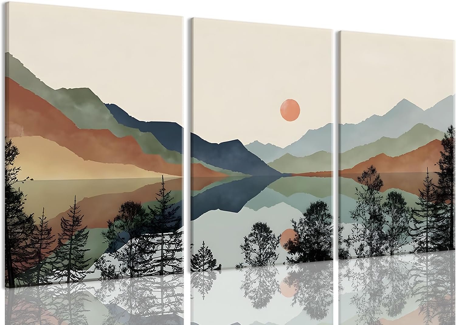 Bwodke Blue Mountain Canvas Wall Art Set of 3, 12×16 inch | Boho Watercolor Wall Decor, Blue Mountain Sun Forest Prints, Living Room Bedroom Office Art