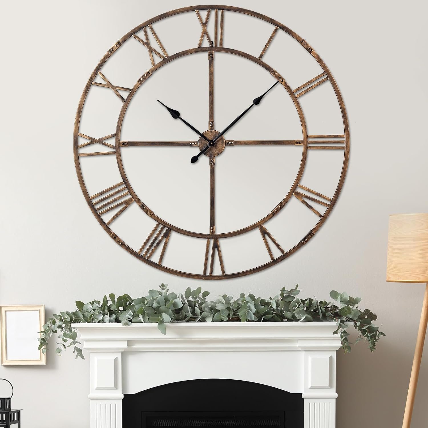48in Large Silent Wall Clock, Easy Assembly Roman Numeral Bronze | Non-ticking metal farmhouse wall clock, easy assembly, oversized living room decorative decor