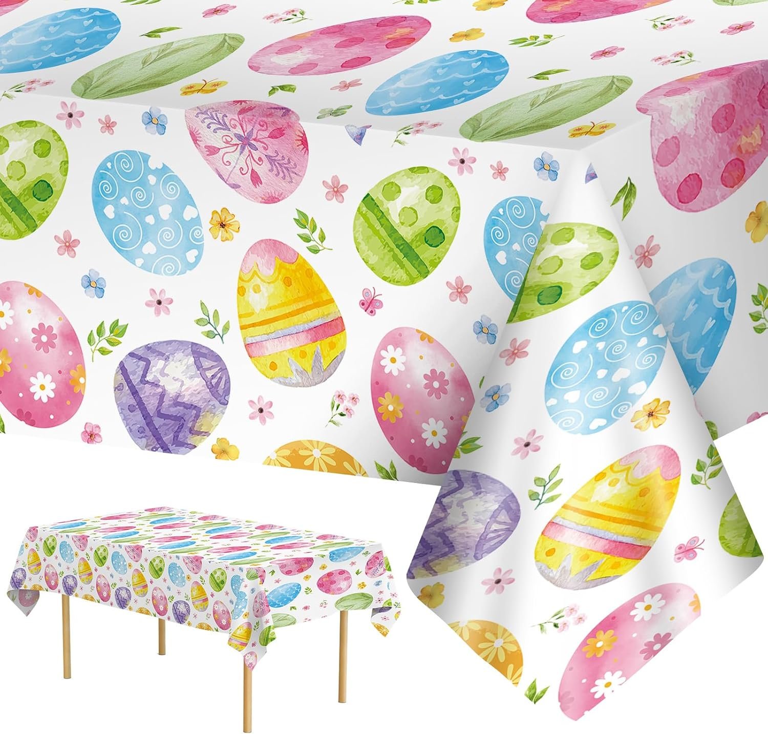 3 Pcs Easter Tablecloth Plastic – Large Spring Watercolor Table Cloth, Disposable Rectangle Easter Eggs Themed Table Cover for Easters Decorations Party Supplies Tables Decor Favos, 108×54 Inch