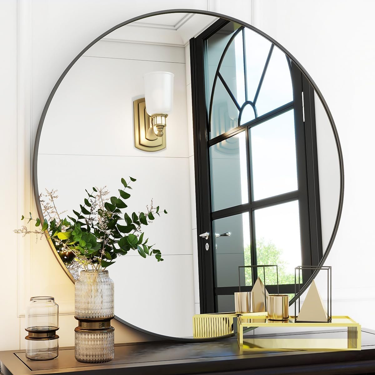 Black Round Bathroom Mirror 30″, Thin Metal Frame Wall Mirror | Circle Vanity Mirror for Over Sink, Hanging or Leaning Decor for Hallway, Entryway, Fireplace Mantel, Living Room