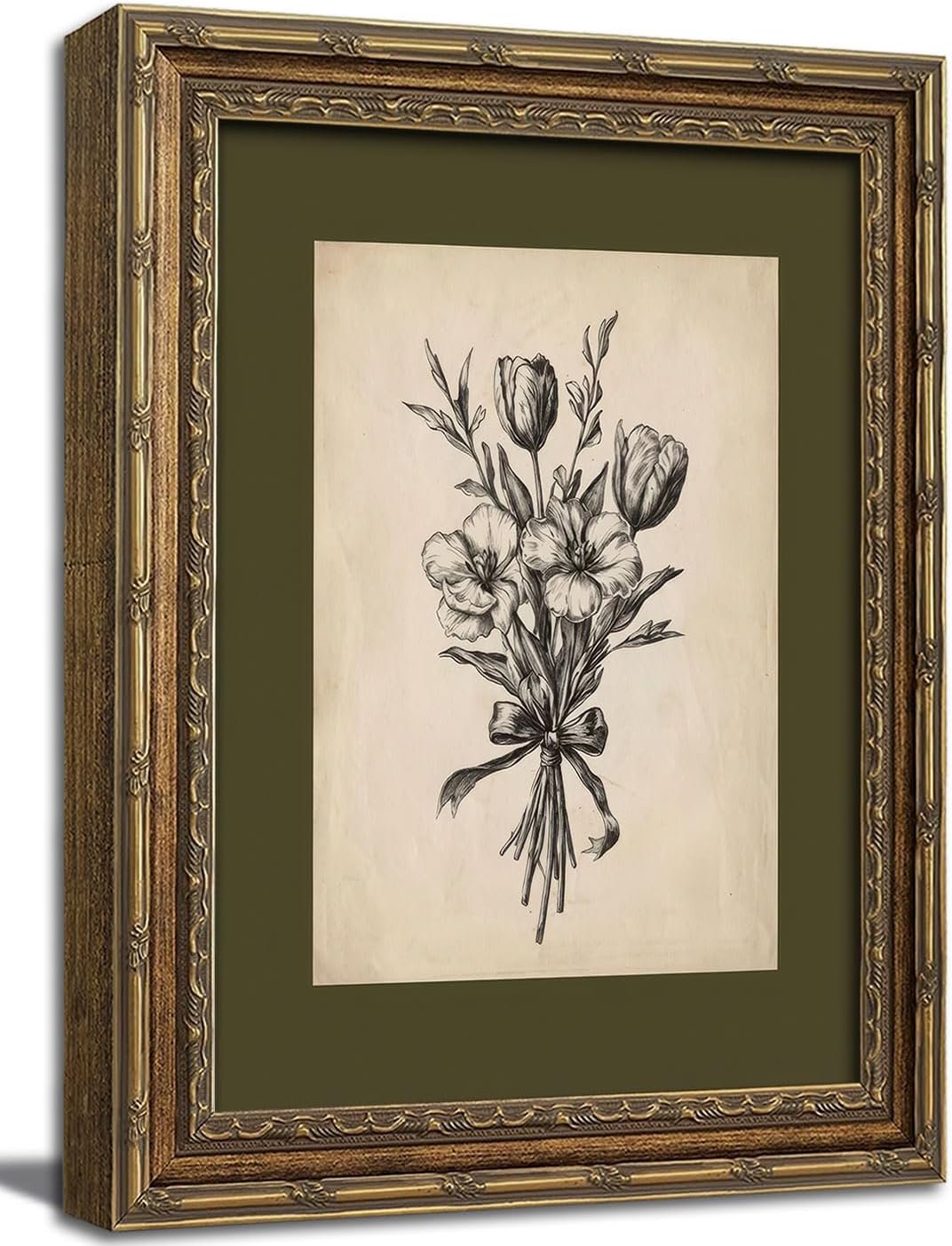 Gold Framed Wall Art Vintage Flower Sketch Wall Art Antique Sage Green Botanical Wall Decor Picture Dark Green Floral Drawing Poster Print for Bedroom Living Room 9x11in