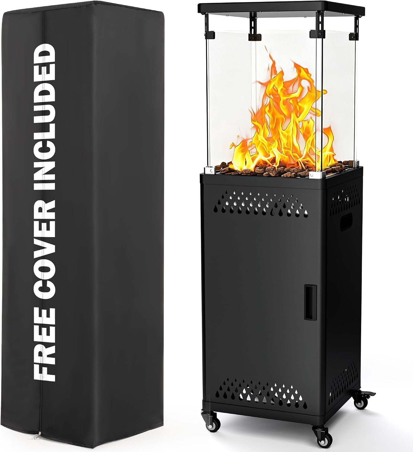 Pamapic 41,000 BTU Propane Patio Heater with Water Drop Hollow Pattern, Lockable Wheels & Cover, CSA Certified Weather Resistant Outdoor Heater for Backyard, Balcony, Garden (Charcoal)