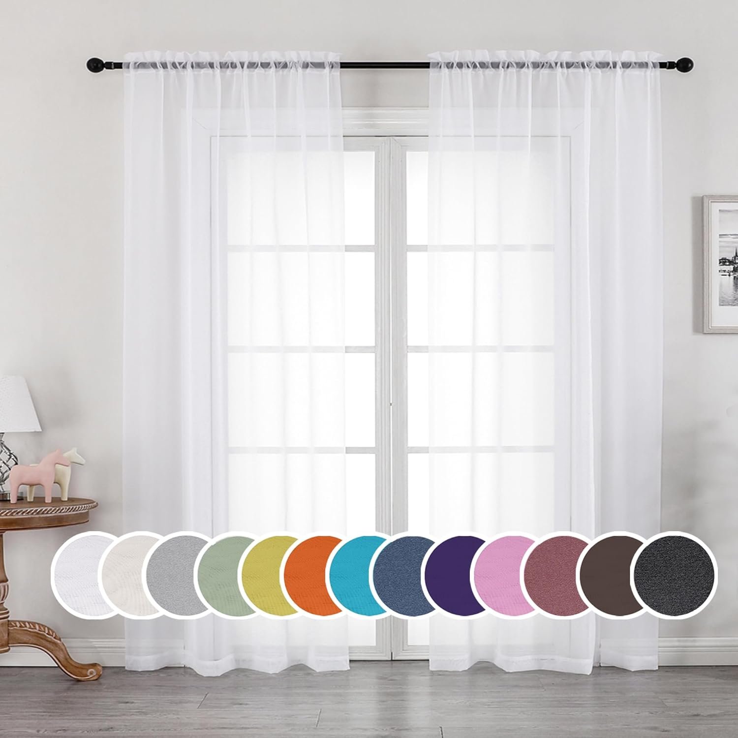 Sheer White Curtains, Sheer Curtains 90 inches Long 2 Panels Set, Rod Pocket Voile Fimly Sheer Drapes for Living Room/Bedroom, 2pcs, Each 42″ W x 90″ L