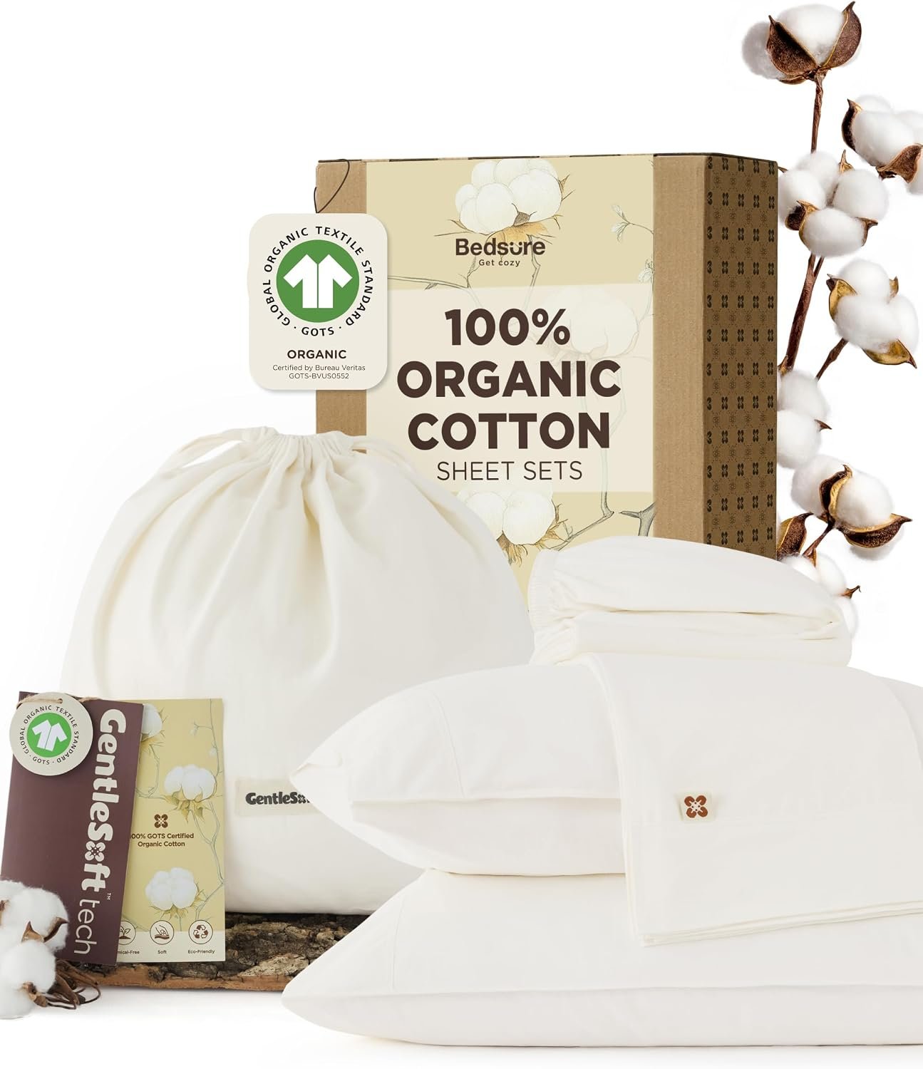 Bedsure PureWoven 100% GOTS Certified Organic Cotton Sheets, King Size 4PCS | Eco-Friendly, 17″ Deep Pocket with Corner Straps, Luxury Hotel Soft, Breathable & Durable Sateen Bed Sheets, OEKO-Tex, Ivory