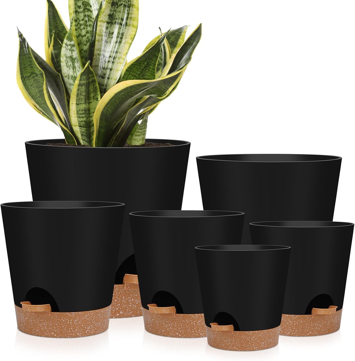 YNNICO Indoor Self Watering Planters with Drainage Holes and Saucers, 8, 7, 6.5, 6, 5.5, 5 Inches, Black, 6 Pots