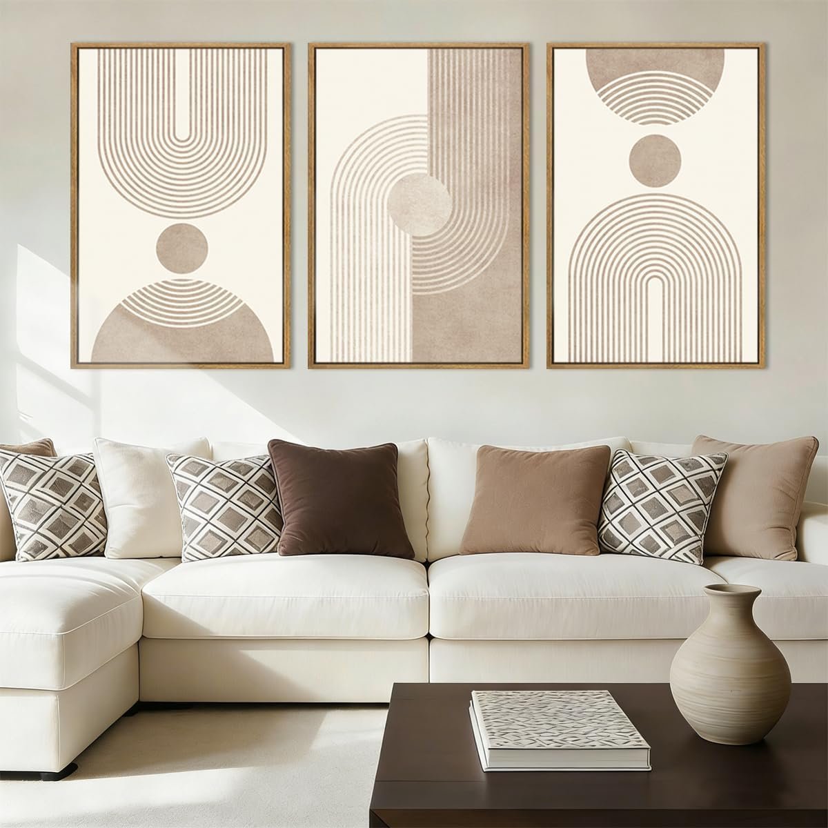 BINCUE Beige Neutral Canvas Wall Art Framed Geometric Abstract Wall Decor Mid Century Modern Artwork Wall Decor for Living Room Bedroom Office 16″x24″ Set 3 Gift