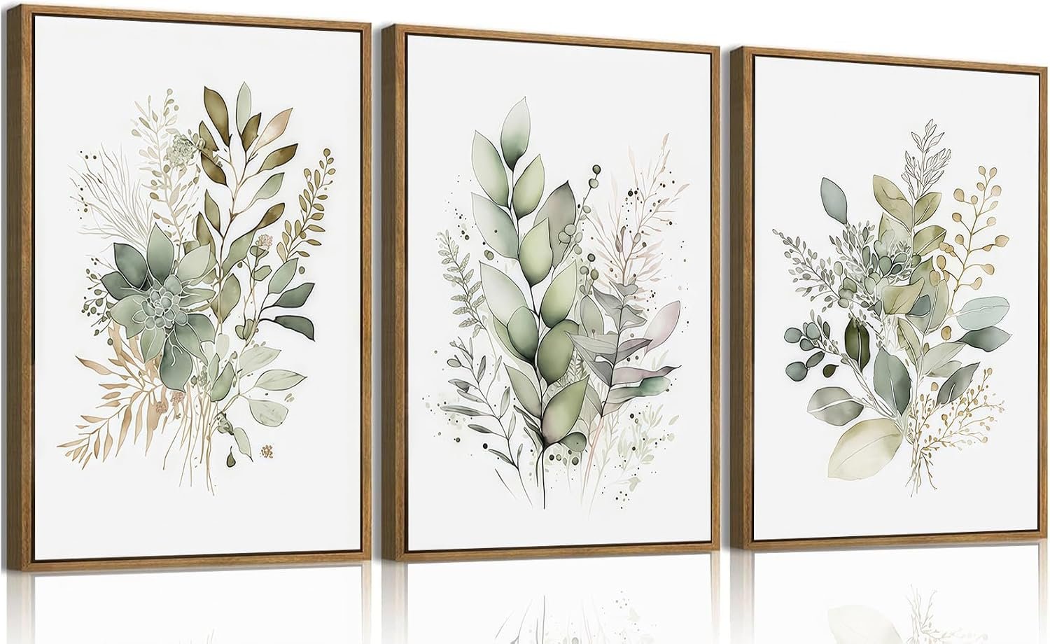 Framed 3 Piece Green Botanical Wall Art Boho Floral Canvas Prints | Watercolor Plant Pictures Wall Decor Nature Greenery Paintings Artwork for Bedroom Bathroom Living Room 12x16in