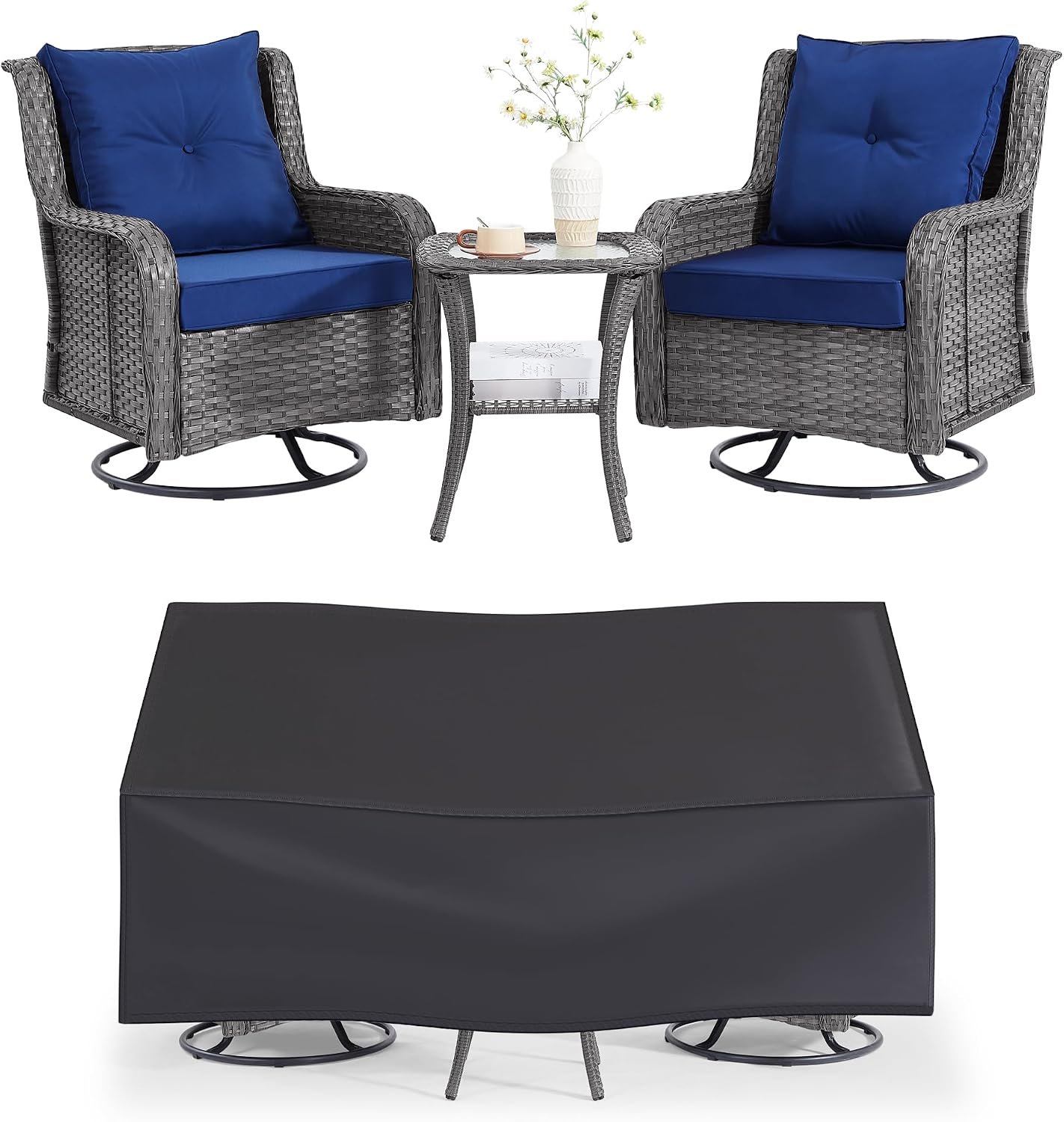 Wumiokio Patio Furniture Sets, 3 Pieces Wicker Outdoor Furniture – 360 Degree Swivel Rocking Chairs and Rattan Side Table for Garden,Porch,Backyard (Grey Wicker/Blue Cushion, 3PCS – Swivel Chairs)