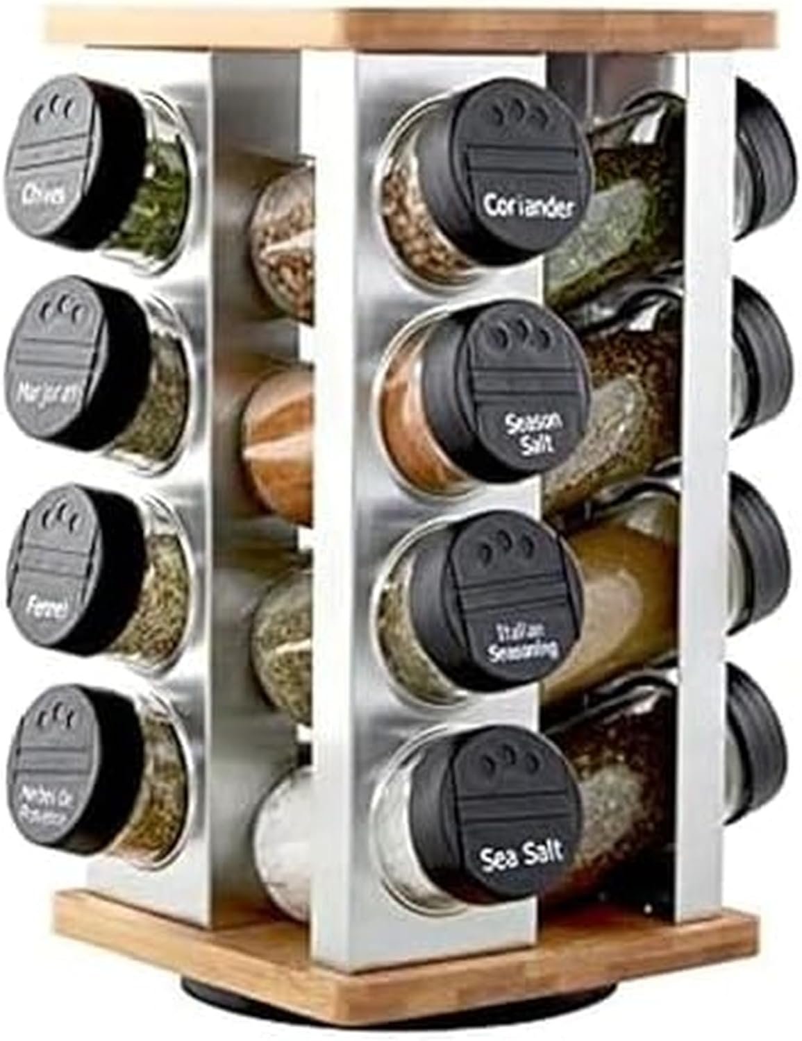 Kamenstein 16 Jar Warner Revolving Countertop Spice Rack Organizer with Lift & Pour Caps and Spices Included, FREE Spice Refills for 5 years, Stainless Steel & Bamboo with Black Caps